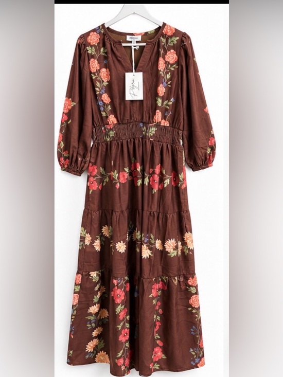 Polagram Dresses & Skirts - Polagram NWT Brown Floral Smocked Waist Tiered Maxi Dress L Pockets